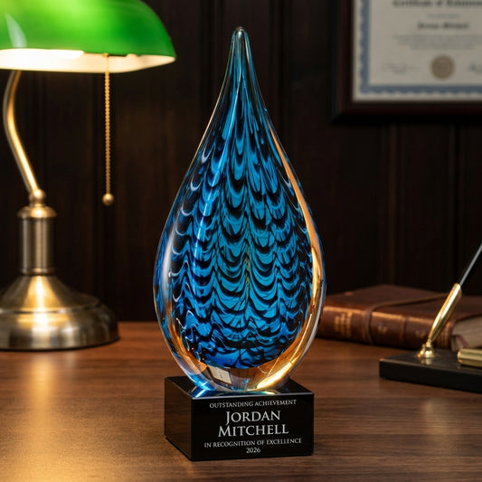 Personalized Sculpture art glass award on a warm executive desk with a green banker's lamp, engraved corporate recognition and retirement gift