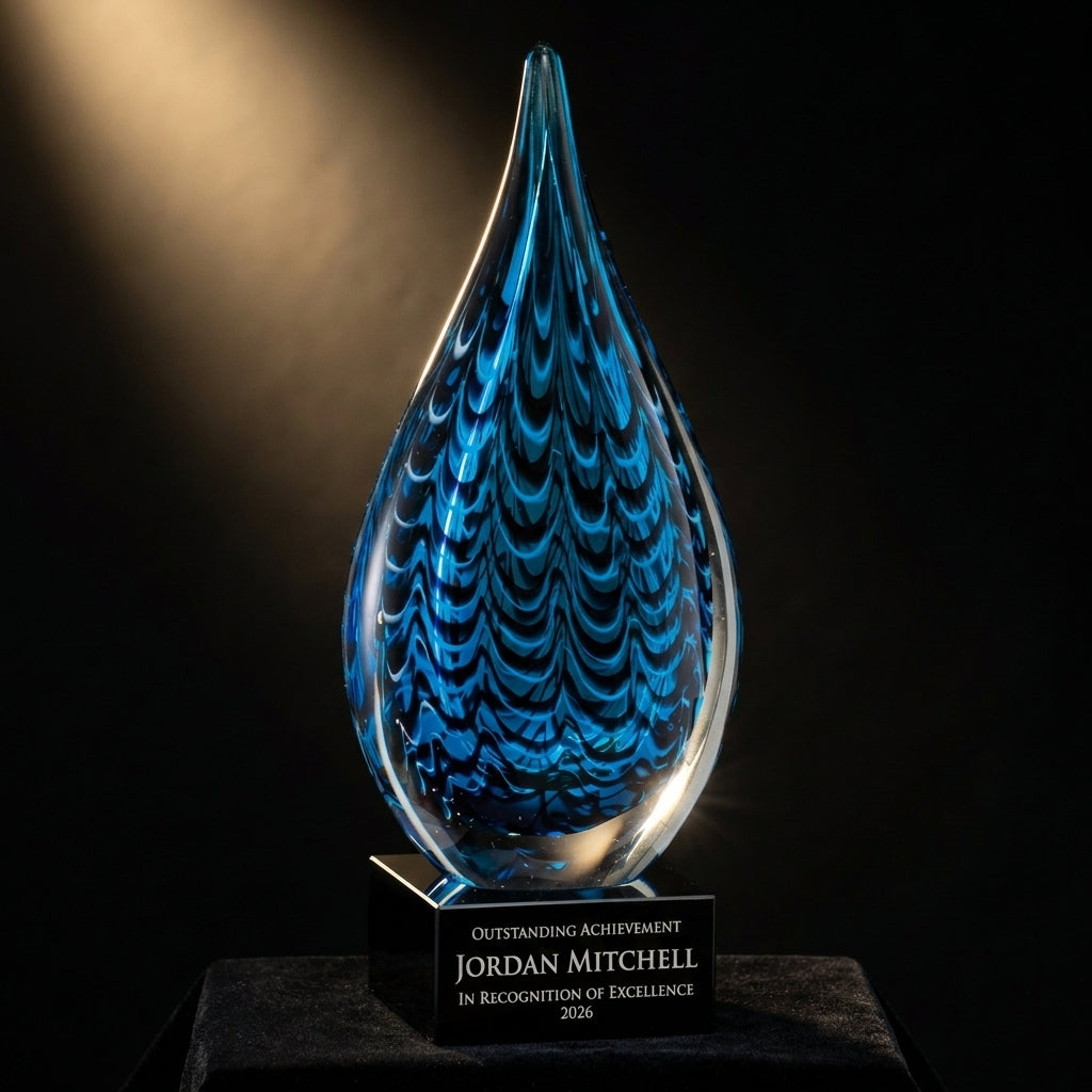 Personalized Sculpture art glass award on black velvet under awards-ceremony spotlight, engraved champion and lifetime achievement award
