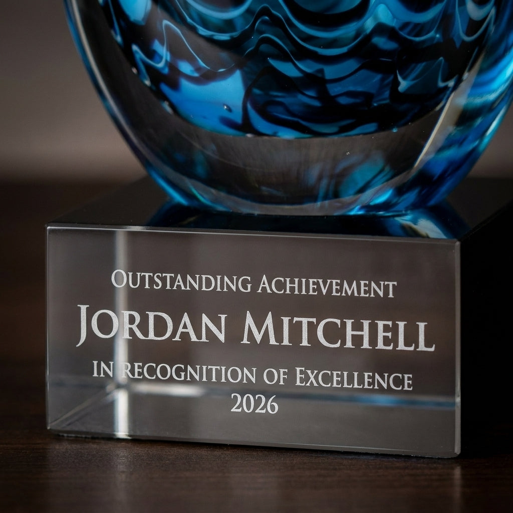 Close-up of the custom laser engraving on a personalized Sculpture art glass award, showing crisp permanent personalization