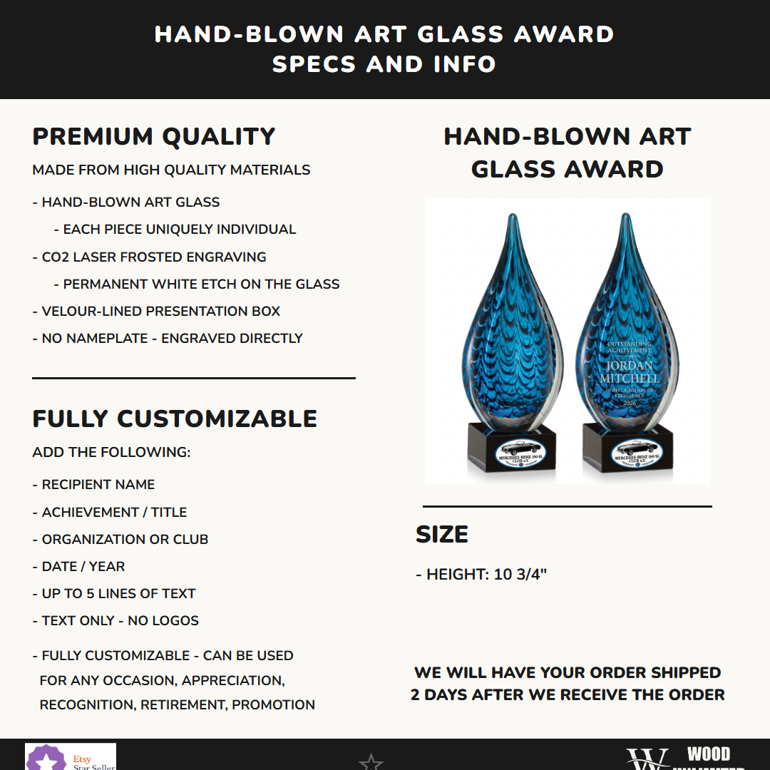 Specifications for the personalized Sculpture art glass award — materials, engraving, and features