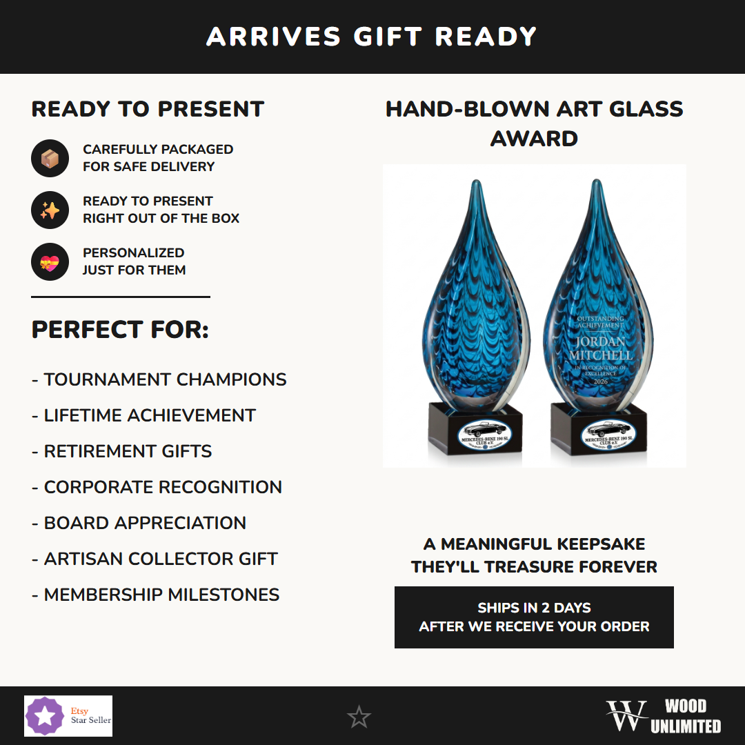 Gift-ready personalized Sculpture art glass award, perfect for ceremonies, retirements, and corporate recognition