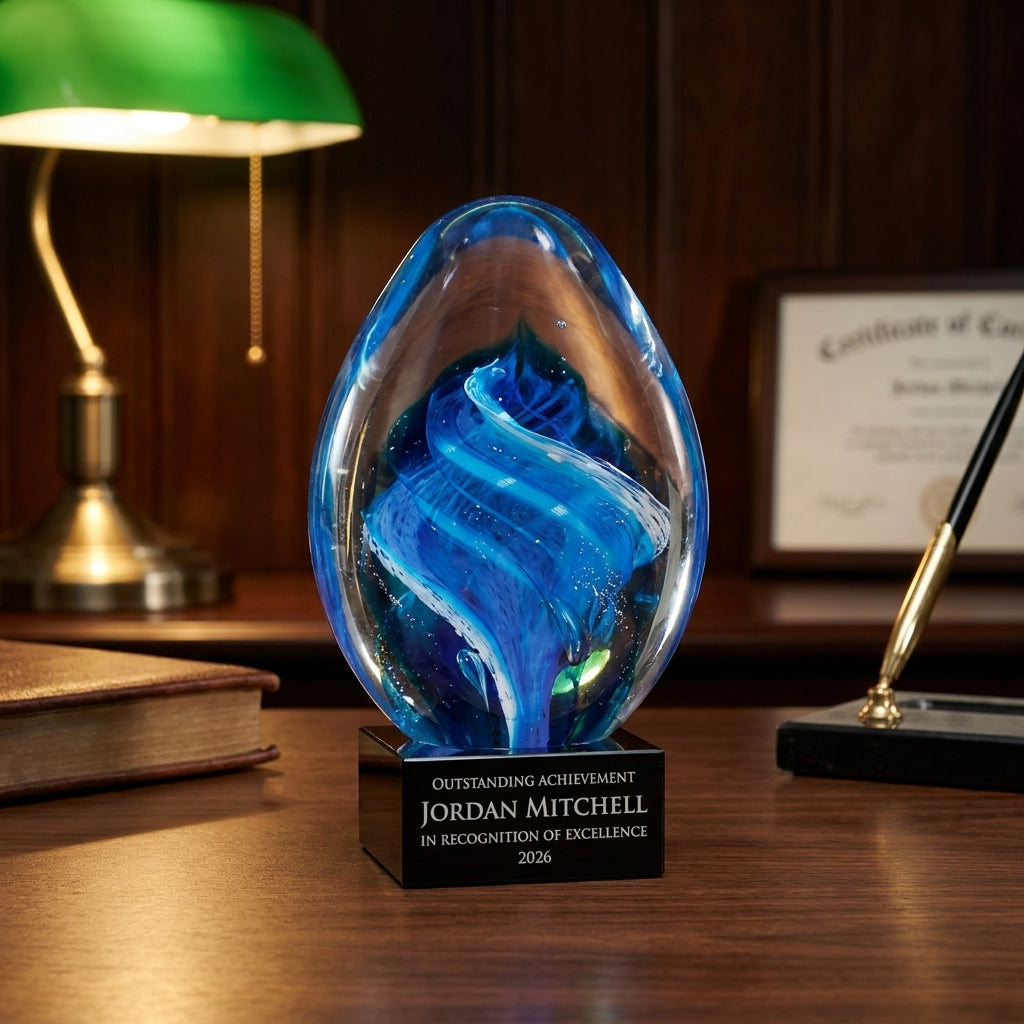 Personalized Sculpture art glass award on a warm executive desk with a green banker's lamp, engraved corporate recognition and retirement gift