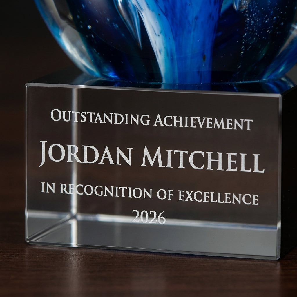 Close-up of the custom laser engraving on a personalized Sculpture art glass award, showing crisp permanent personalization