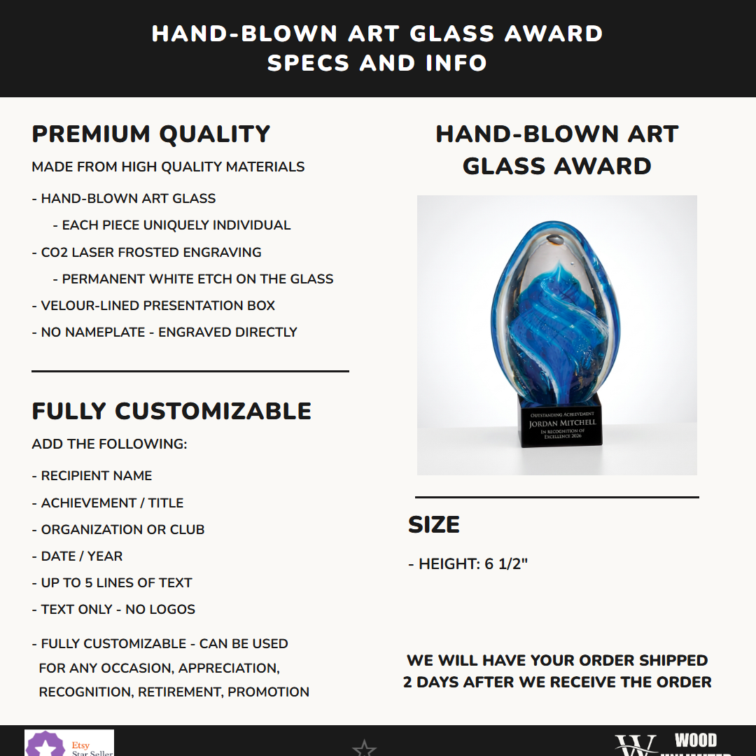 Specifications for the personalized Sculpture art glass award — materials, engraving, and features