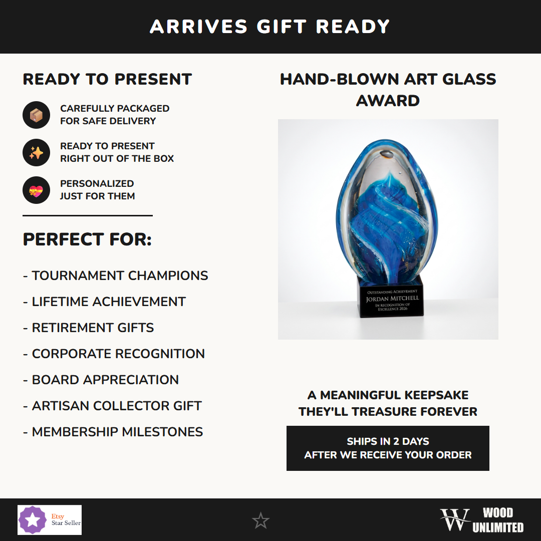 Gift-ready personalized Sculpture art glass award, perfect for ceremonies, retirements, and corporate recognition