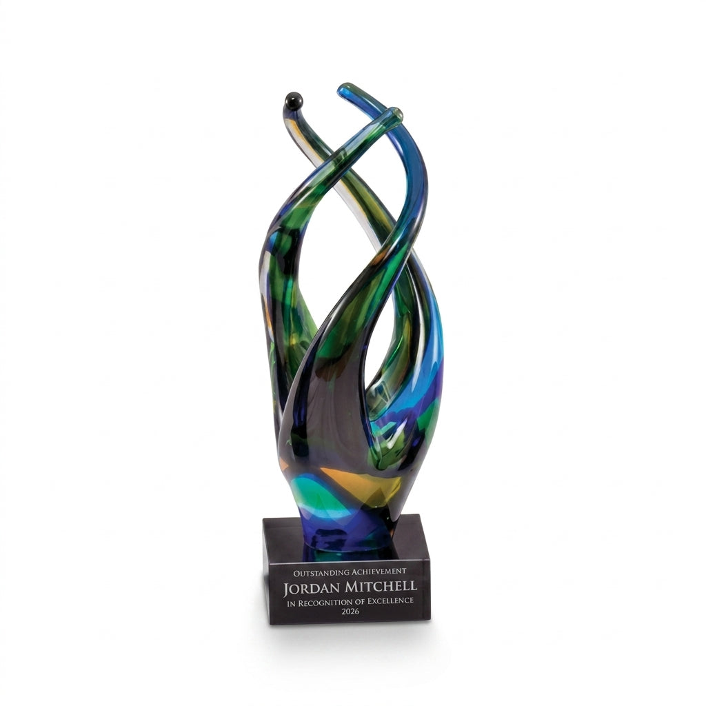 Personalized Peacock Flame Twist art glass award, custom laser engraved recognition award on a clean white studio background