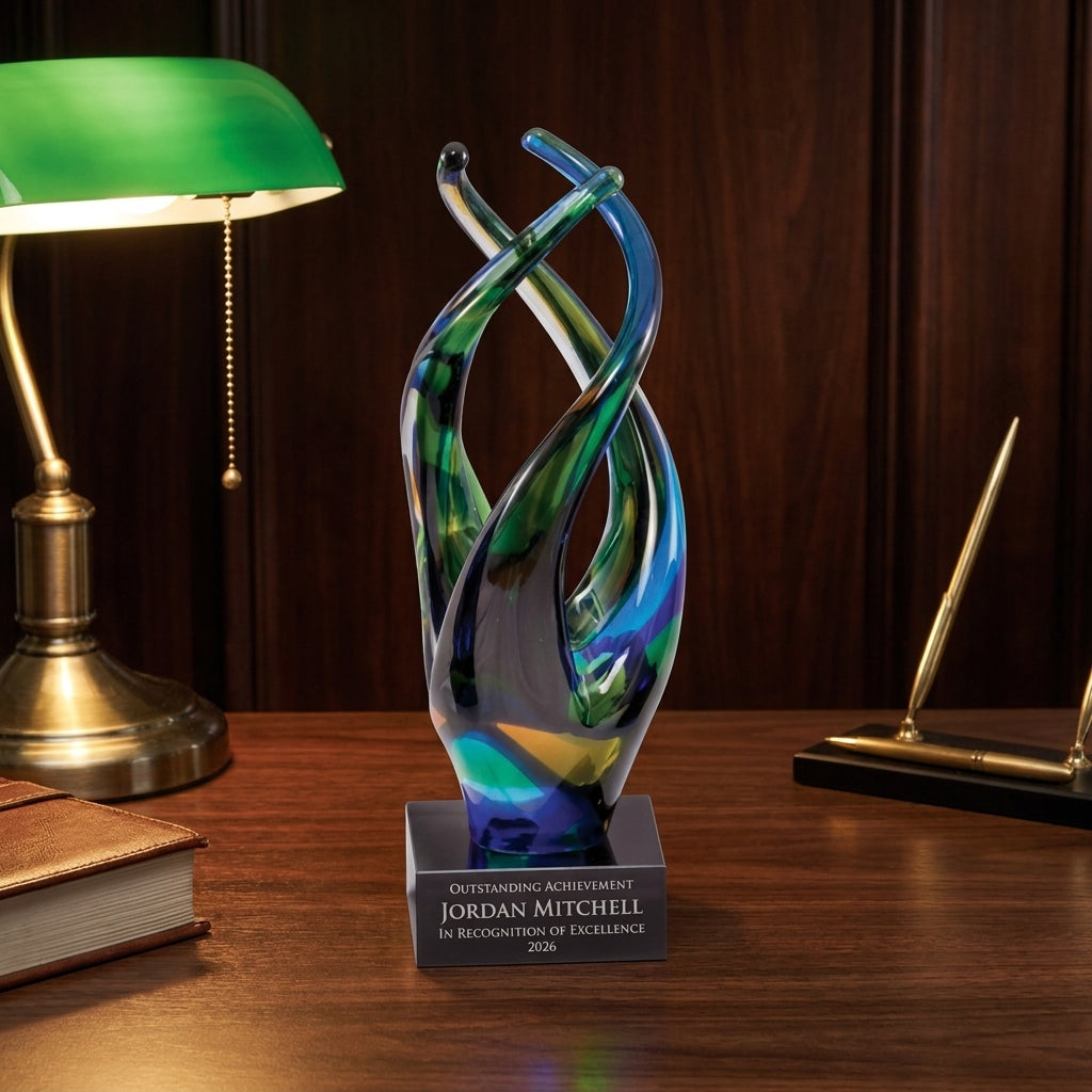 Personalized Peacock Flame Twist art glass award on a warm executive desk with a green banker's lamp, engraved corporate recognition and retirement gift