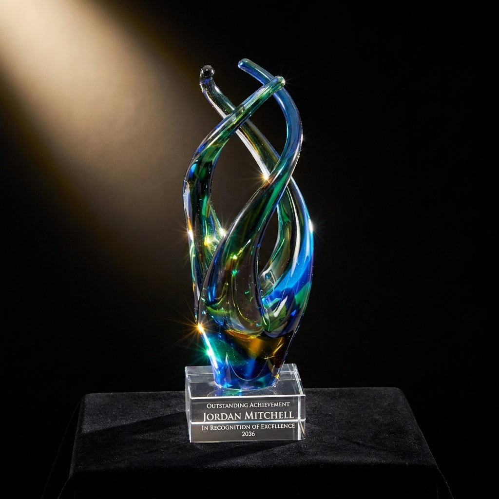 Personalized Peacock Flame Twist art glass award on black velvet under awards-ceremony spotlight, engraved champion and lifetime achievement award