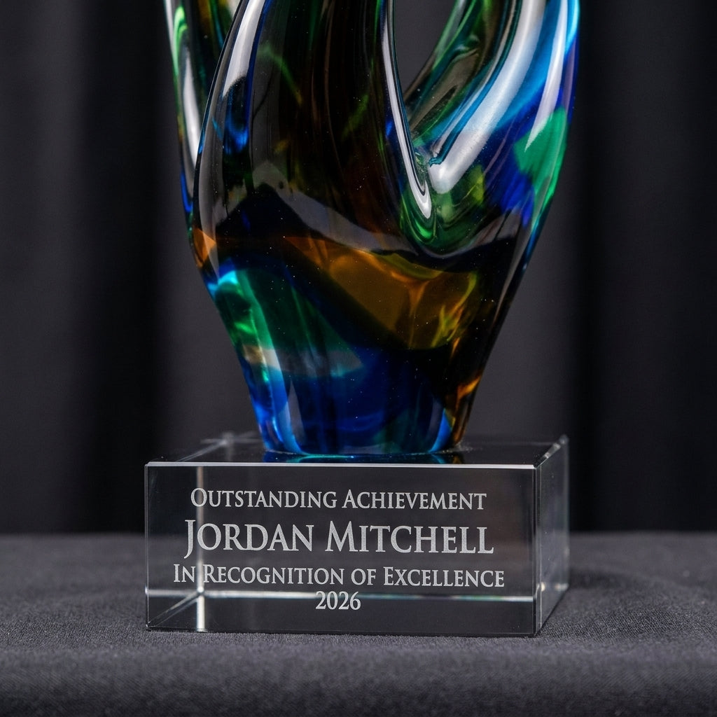 Close-up of the custom laser engraving on a personalized Peacock Flame Twist art glass award, showing crisp permanent personalization