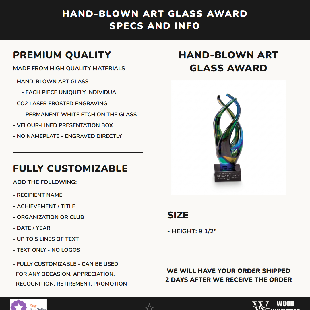 Specifications for the personalized Peacock Flame Twist art glass award — materials, engraving, and features