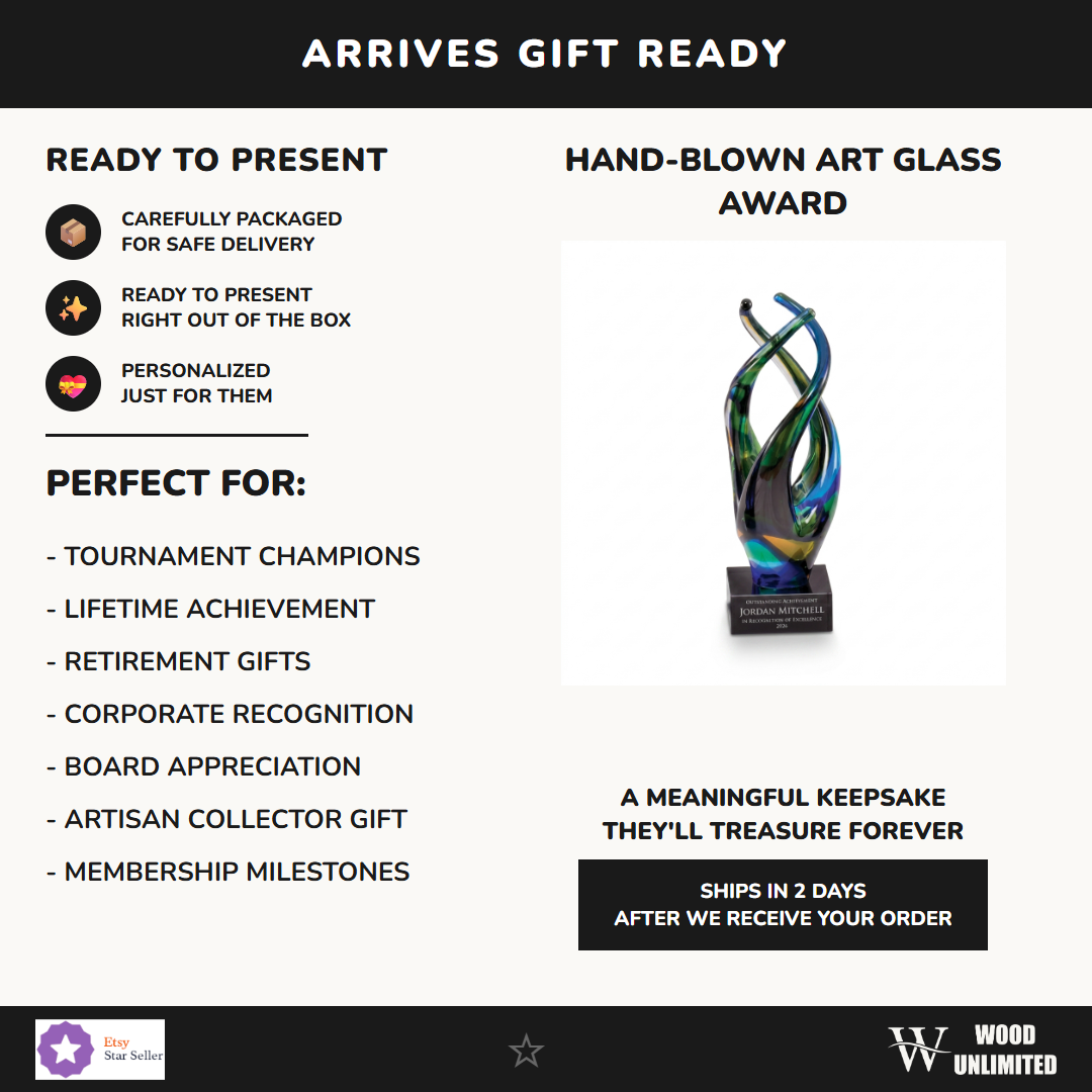 Gift-ready personalized Peacock Flame Twist art glass award, perfect for ceremonies, retirements, and corporate recognition