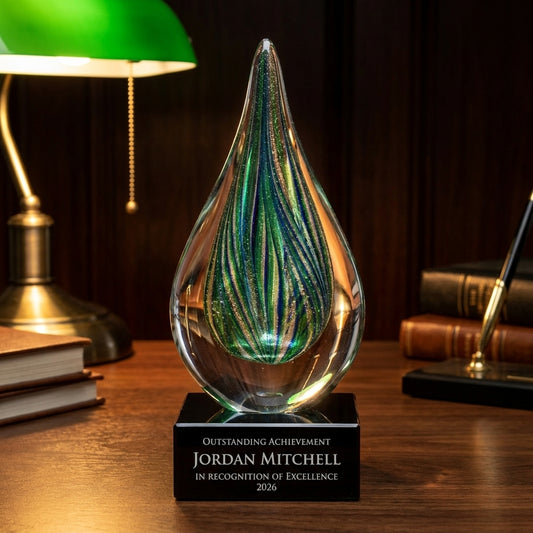 Personalized Emerald Gold Raindrop art glass award on a warm executive desk with a green banker's lamp, engraved corporate recognition and retirement gift