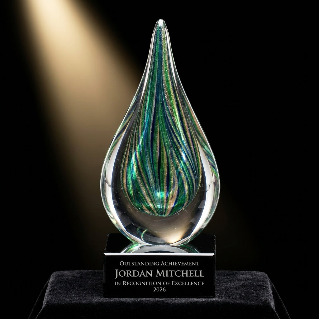 Personalized Emerald Gold Raindrop art glass award on black velvet under awards-ceremony spotlight, engraved champion and lifetime achievement award