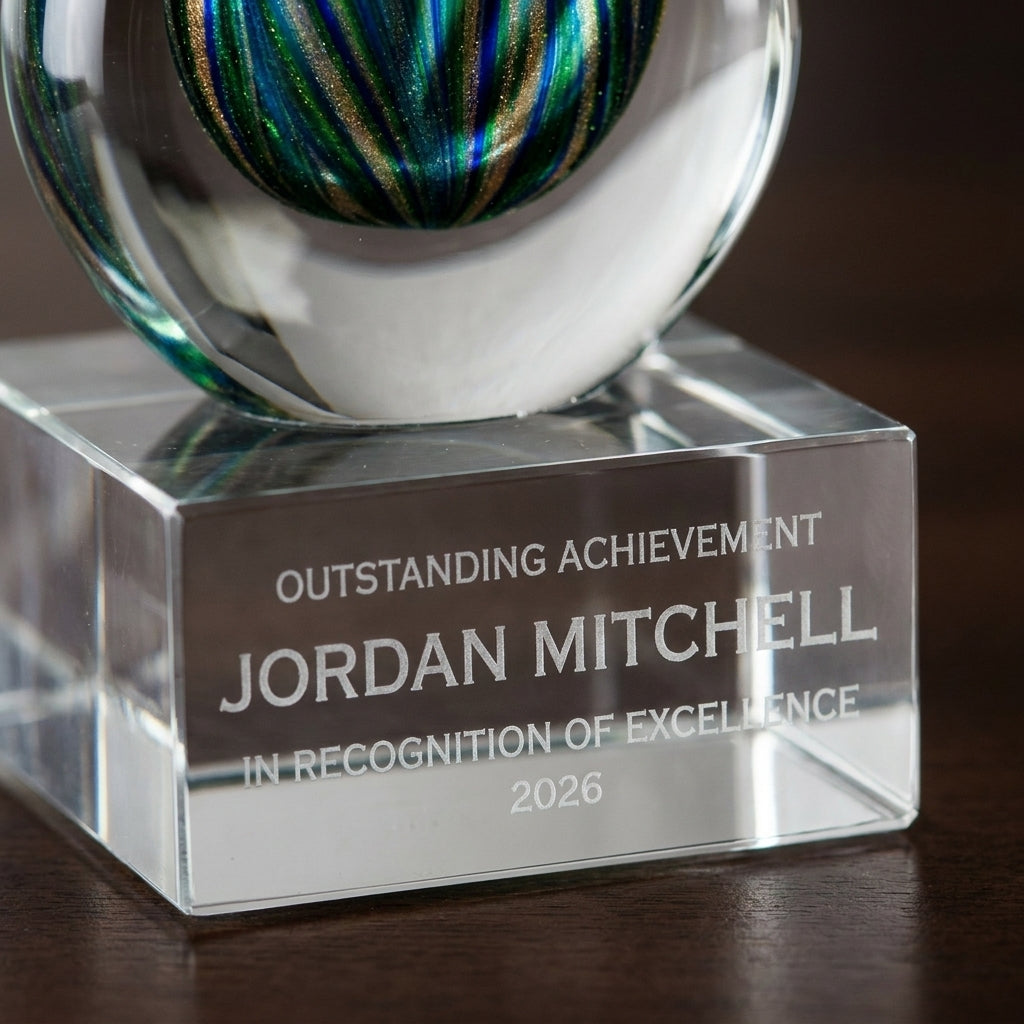 Close-up of the custom laser engraving on a personalized Emerald Gold Raindrop art glass award, showing crisp permanent personalization