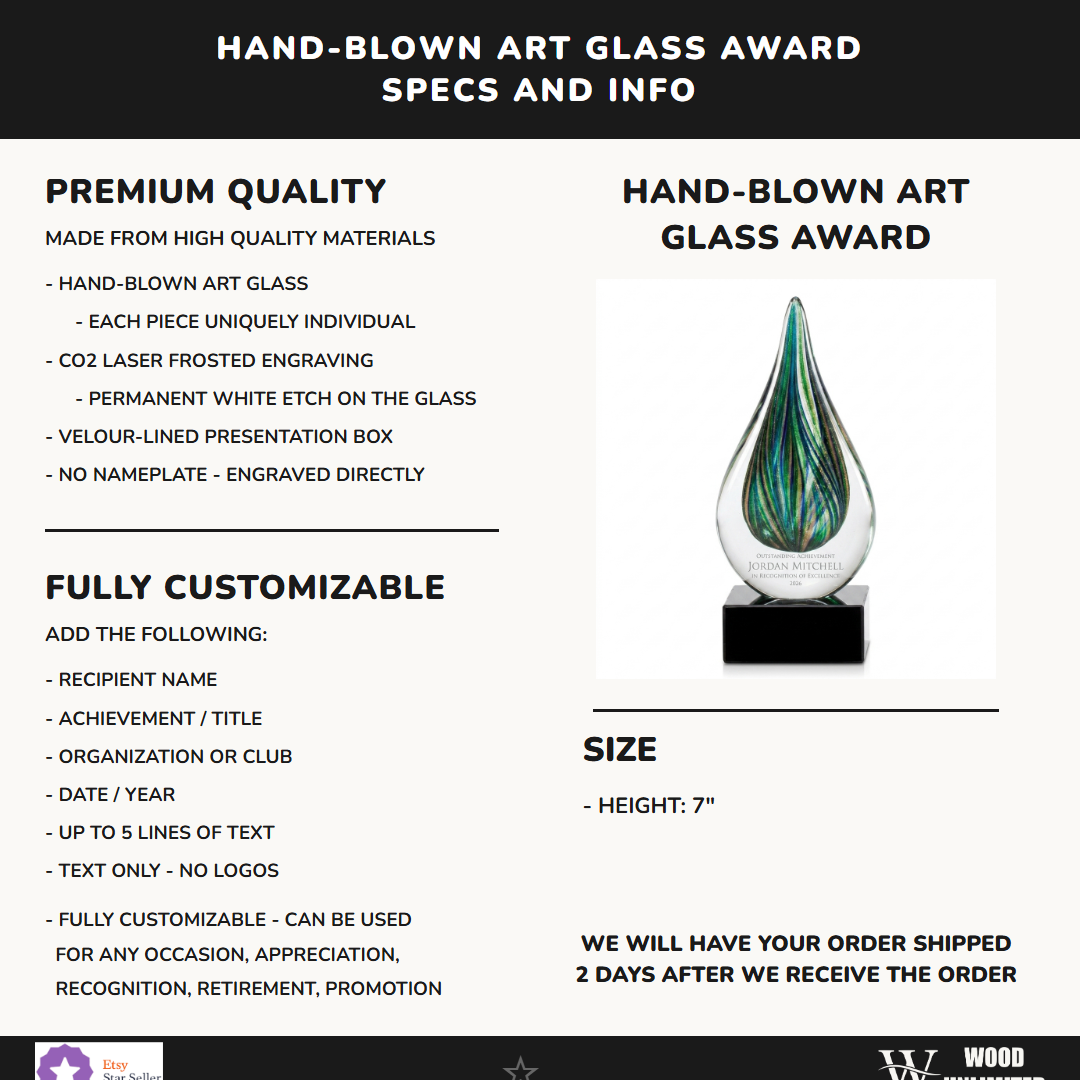 Specifications for the personalized Emerald Gold Raindrop art glass award — materials, engraving, and features