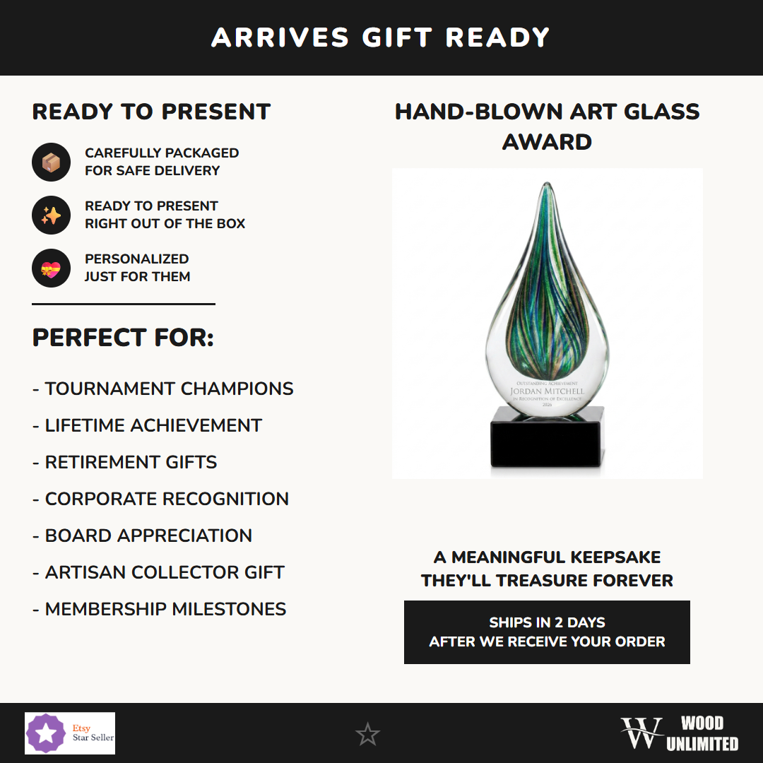 Gift-ready personalized Emerald Gold Raindrop art glass award, perfect for ceremonies, retirements, and corporate recognition