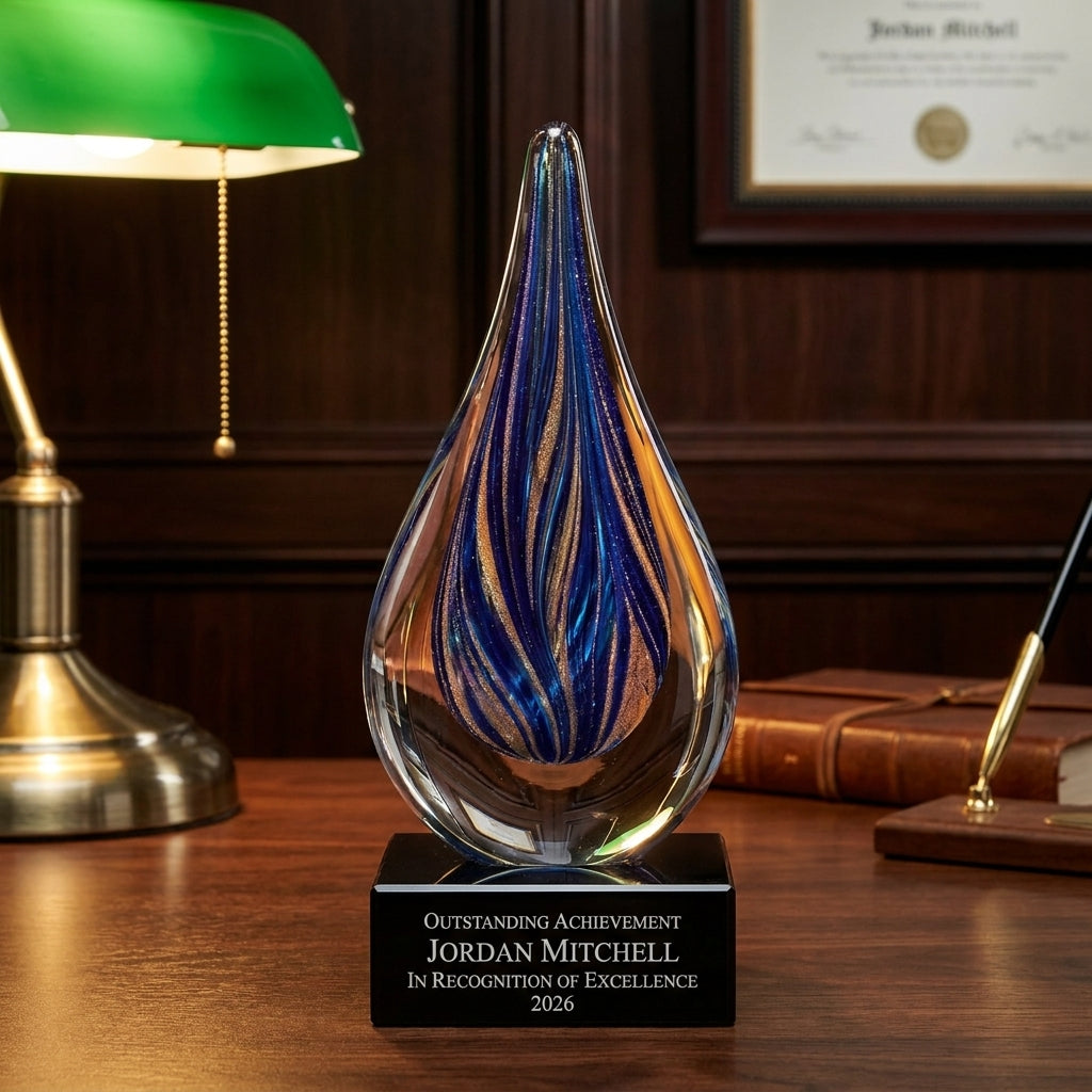 Personalized Sapphire Gold Raindrop art glass award on a warm executive desk with a green banker's lamp, engraved corporate recognition and retirement gift