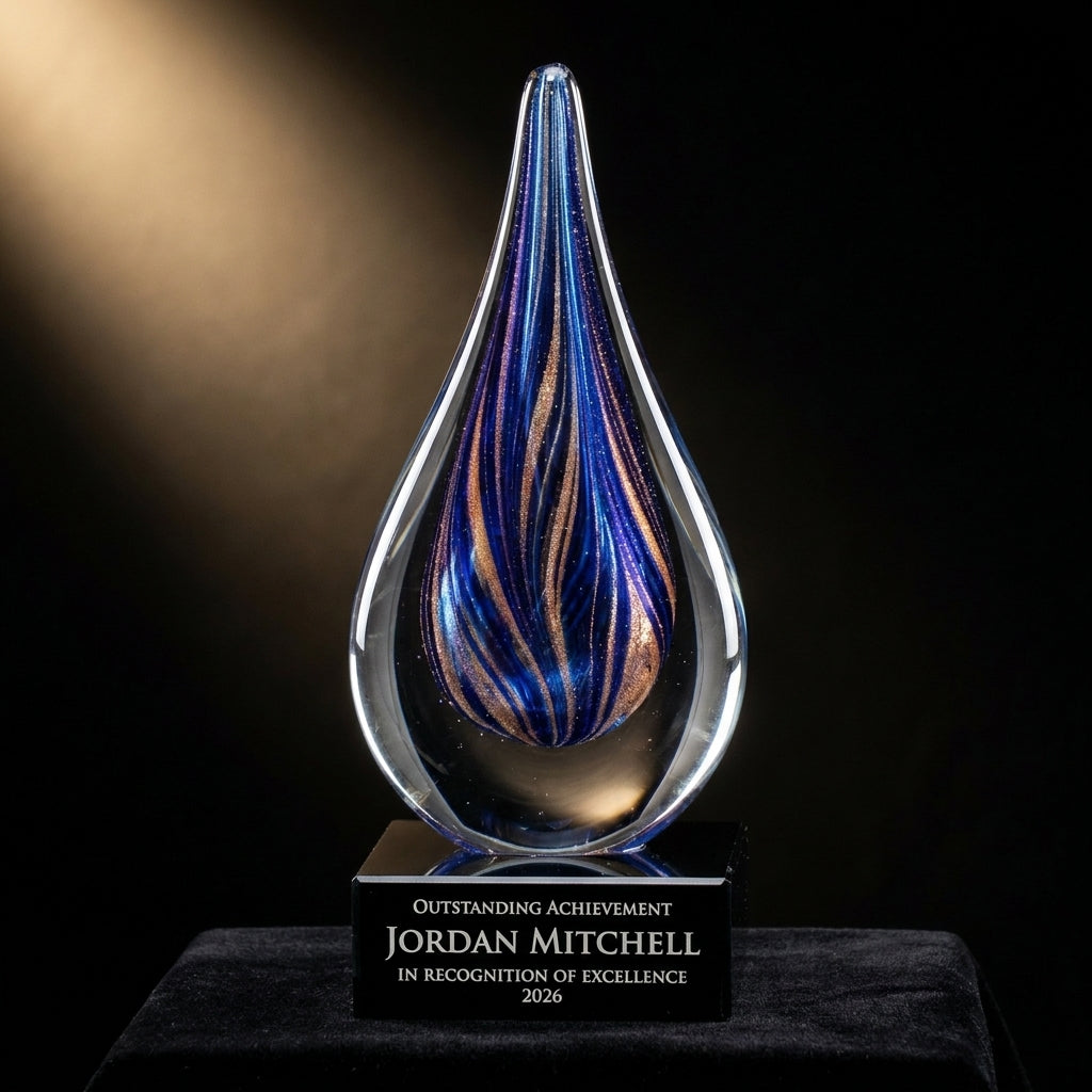 Personalized Sapphire Gold Raindrop art glass award on black velvet under awards-ceremony spotlight, engraved champion and lifetime achievement award