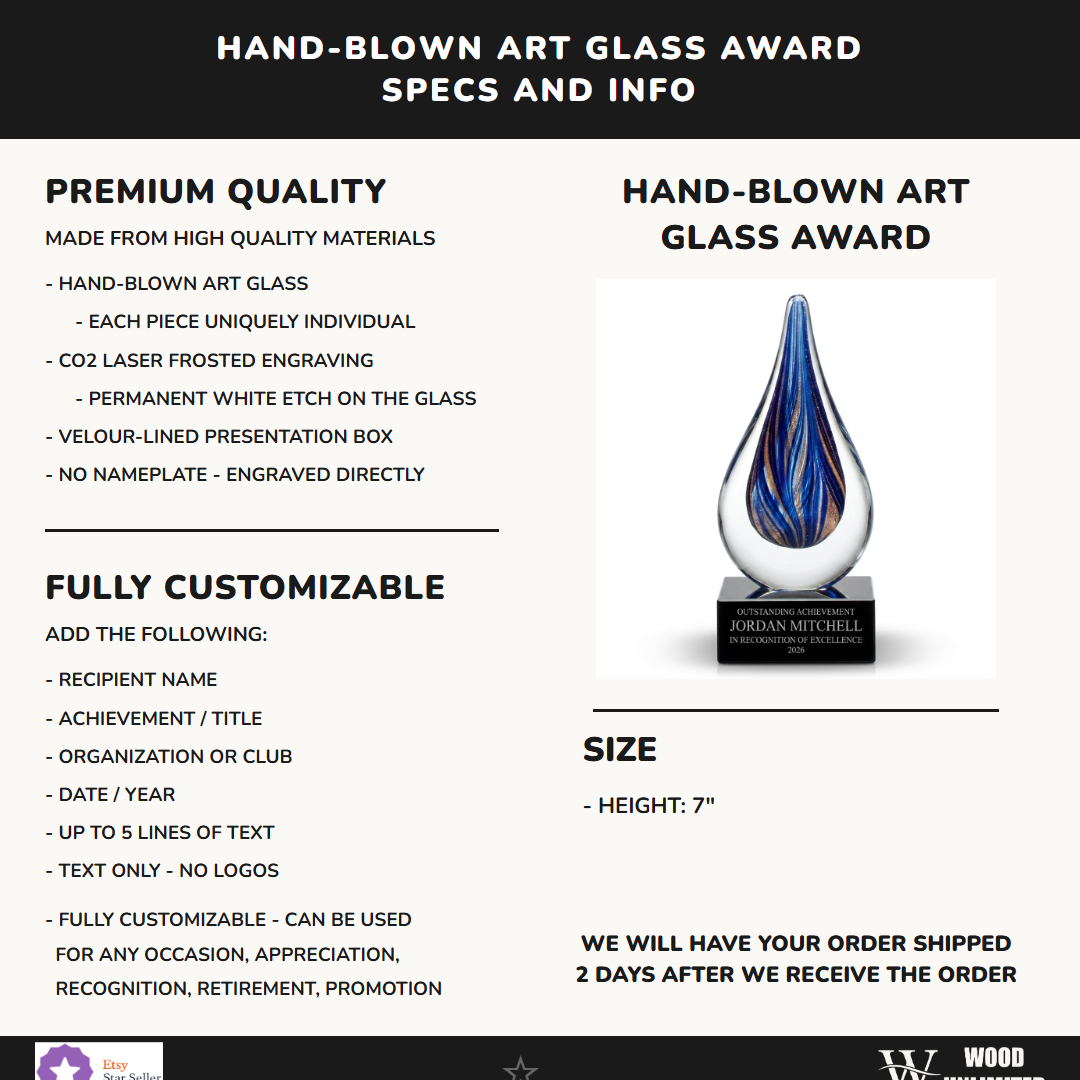 Specifications for the personalized Sapphire Gold Raindrop art glass award — materials, engraving, and features