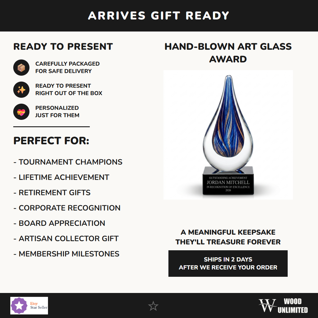 Gift-ready personalized Sapphire Gold Raindrop art glass award, perfect for ceremonies, retirements, and corporate recognition