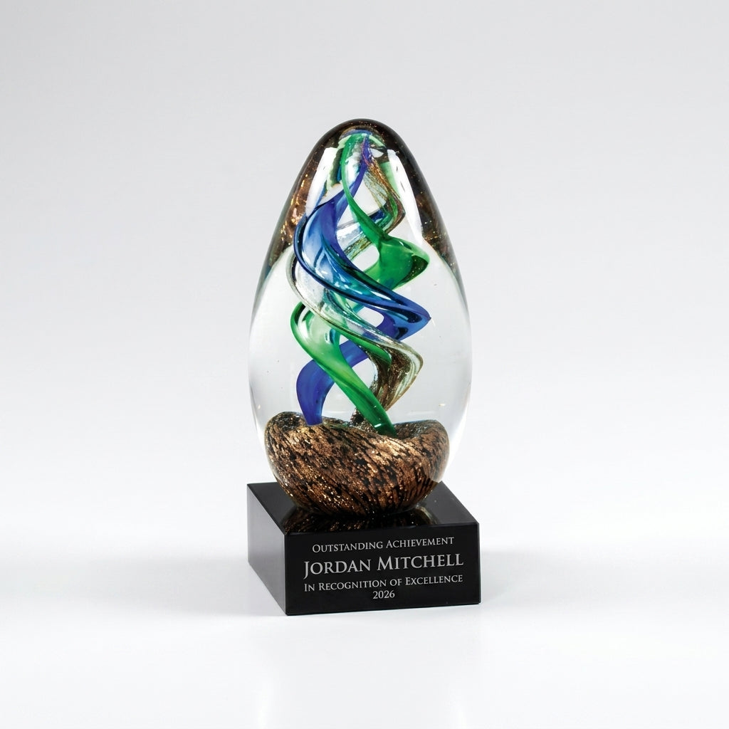 Personalized Sculpture art glass award, custom laser engraved recognition award on a clean white studio background
