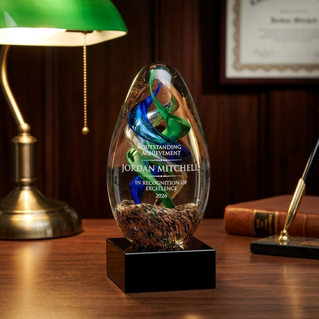 Personalized Sculpture art glass award on a warm executive desk with a green banker's lamp, engraved corporate recognition and retirement gift