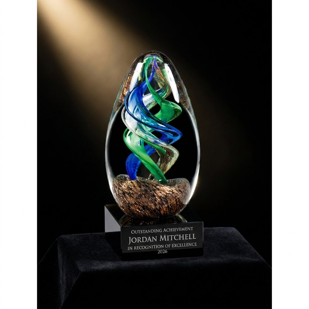 Personalized Sculpture art glass award on black velvet under awards-ceremony spotlight, engraved champion and lifetime achievement award