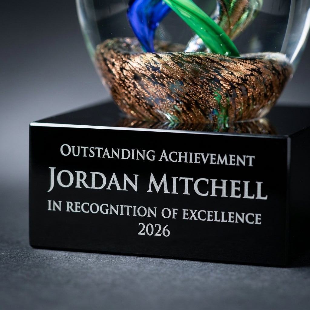 Close-up of the custom laser engraving on a personalized Sculpture art glass award, showing crisp permanent personalization