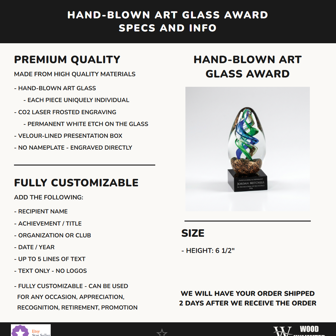 Specifications for the personalized Sculpture art glass award — materials, engraving, and features