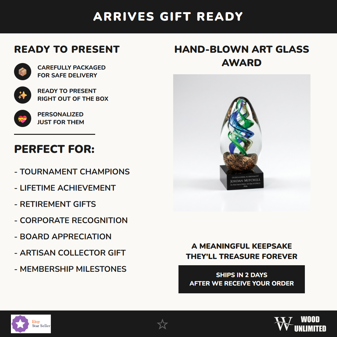 Gift-ready personalized Sculpture art glass award, perfect for ceremonies, retirements, and corporate recognition