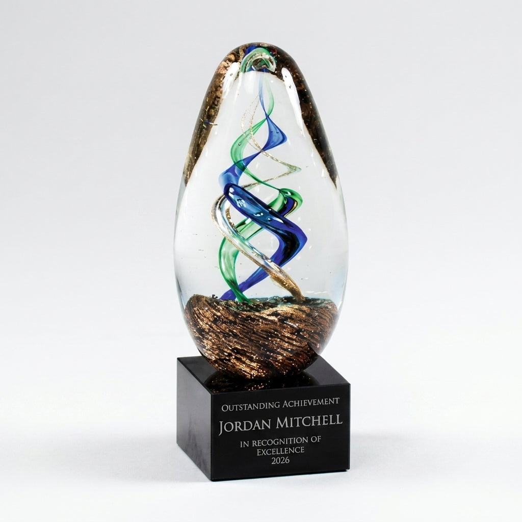 Personalized Sculpture art glass award, custom laser engraved recognition award on a clean white studio background