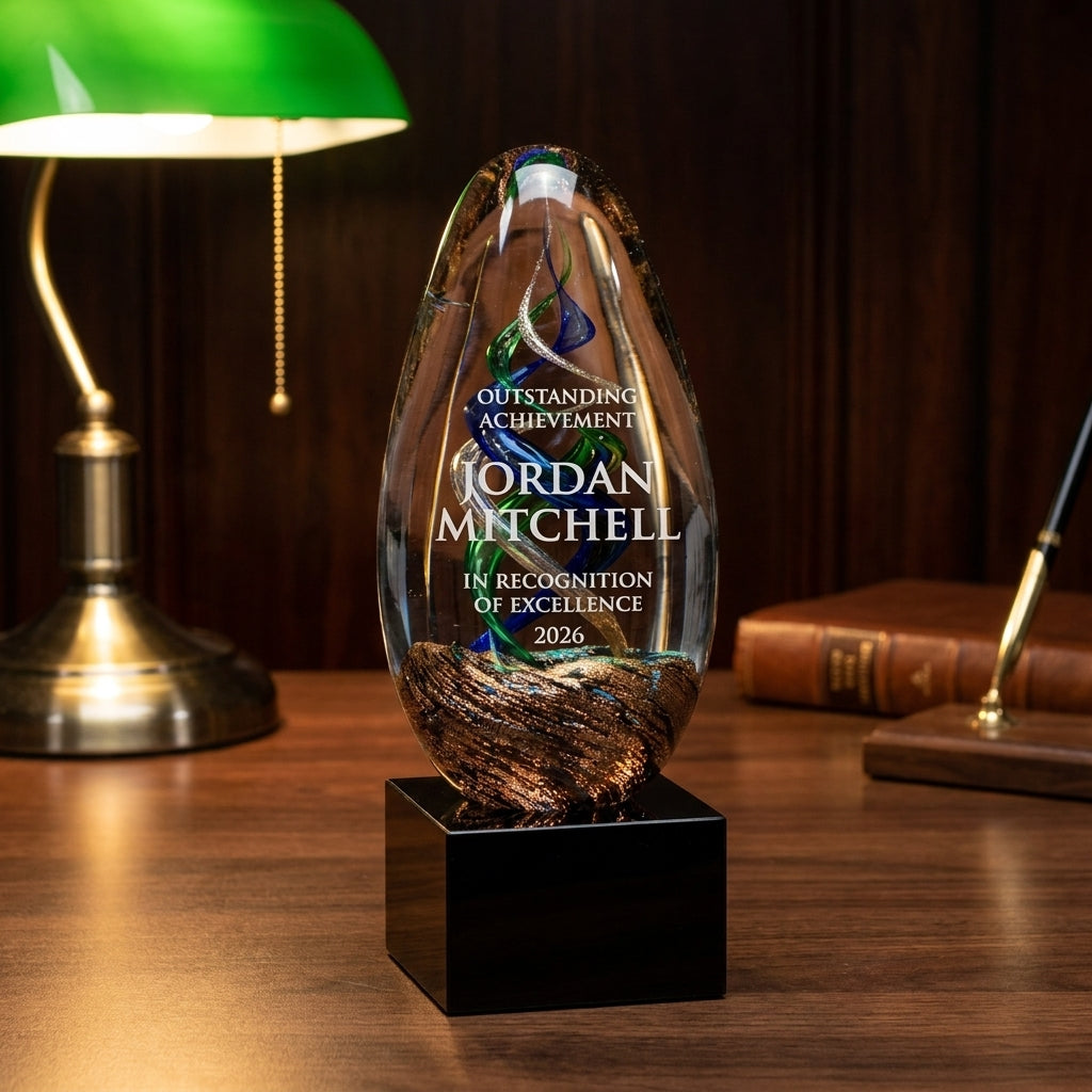 Personalized Sculpture art glass award on a warm executive desk with a green banker's lamp, engraved corporate recognition and retirement gift