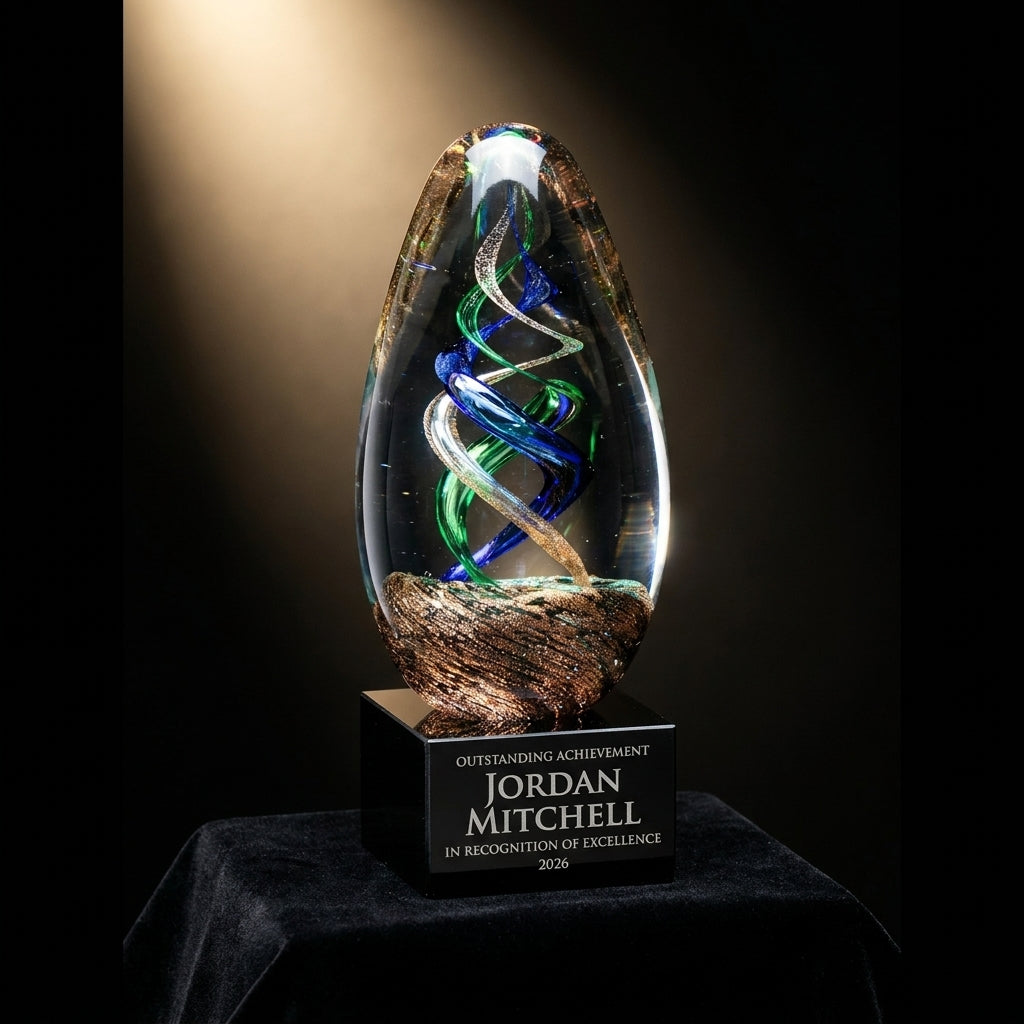 Personalized Sculpture art glass award on black velvet under awards-ceremony spotlight, engraved champion and lifetime achievement award
