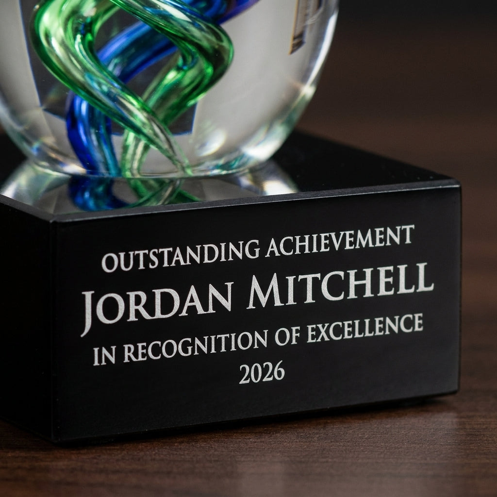 Close-up of the custom laser engraving on a personalized Sculpture art glass award, showing crisp permanent personalization