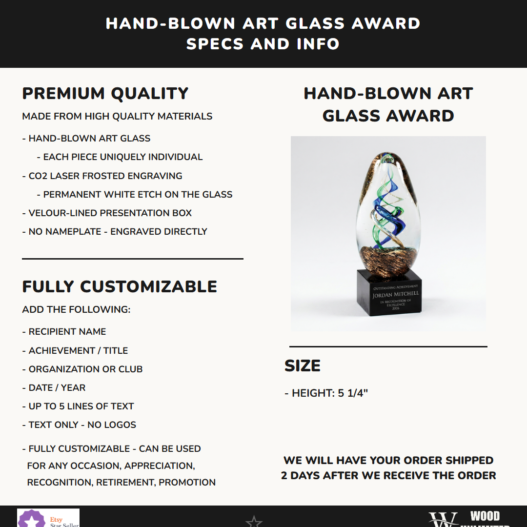 Specifications for the personalized Sculpture art glass award — materials, engraving, and features
