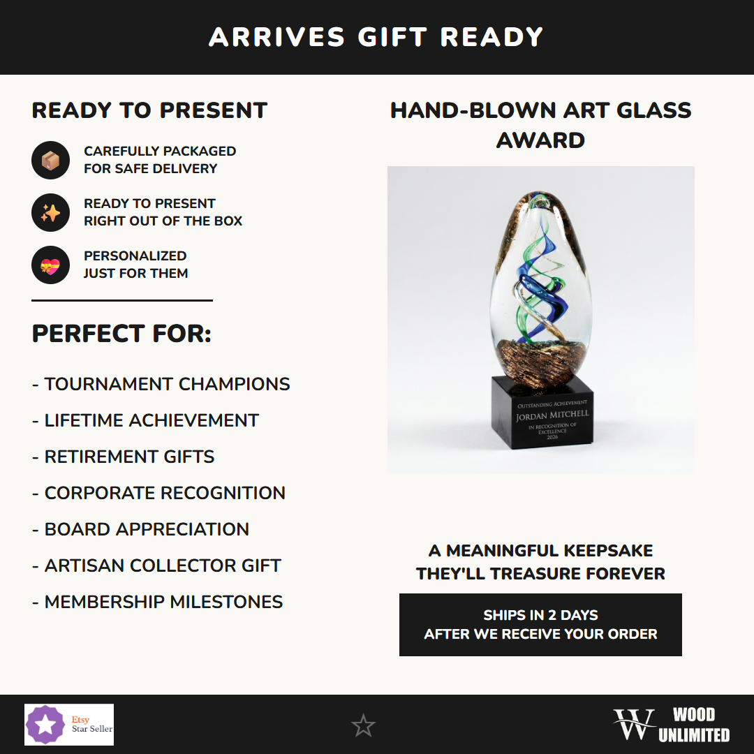 Gift-ready personalized Sculpture art glass award, perfect for ceremonies, retirements, and corporate recognition