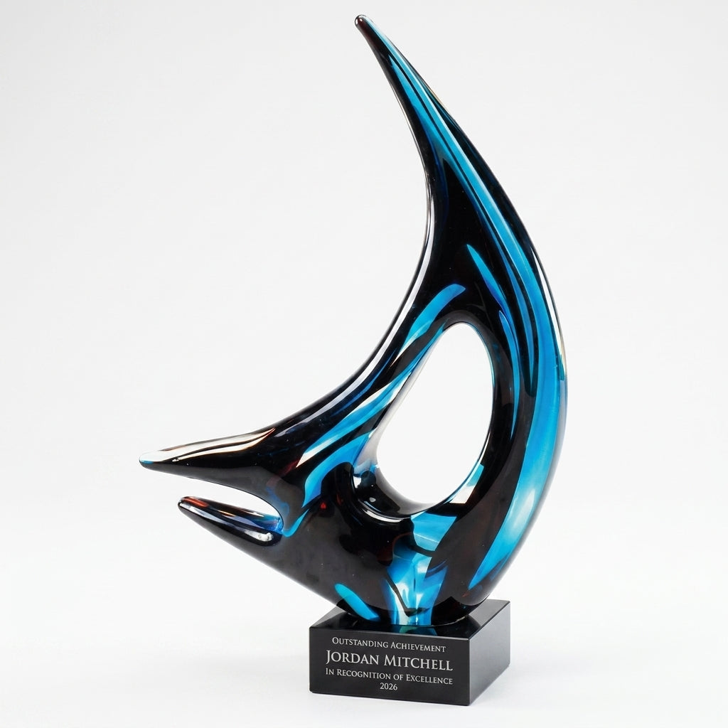 Personalized Sculpture art glass award, custom laser engraved recognition award on a clean white studio background