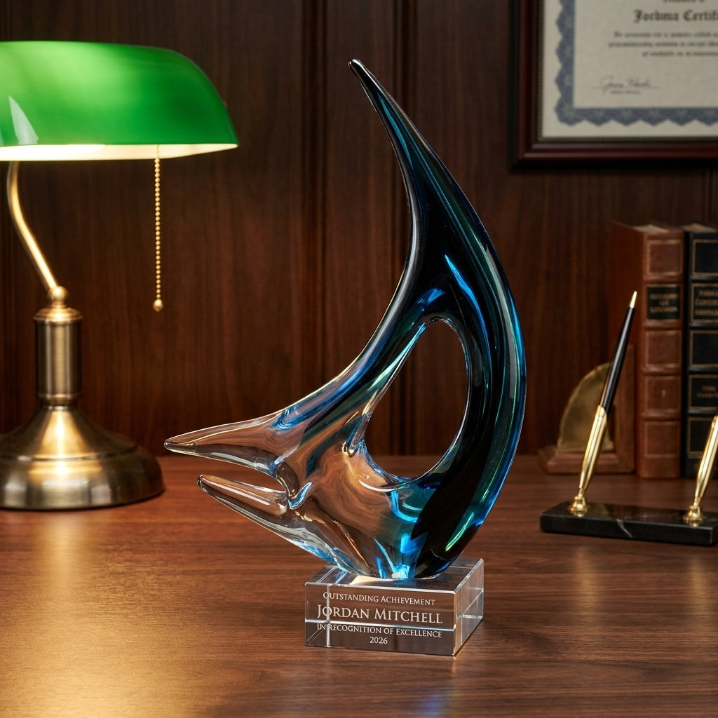 Personalized Sculpture art glass award on a warm executive desk with a green banker's lamp, engraved corporate recognition and retirement gift