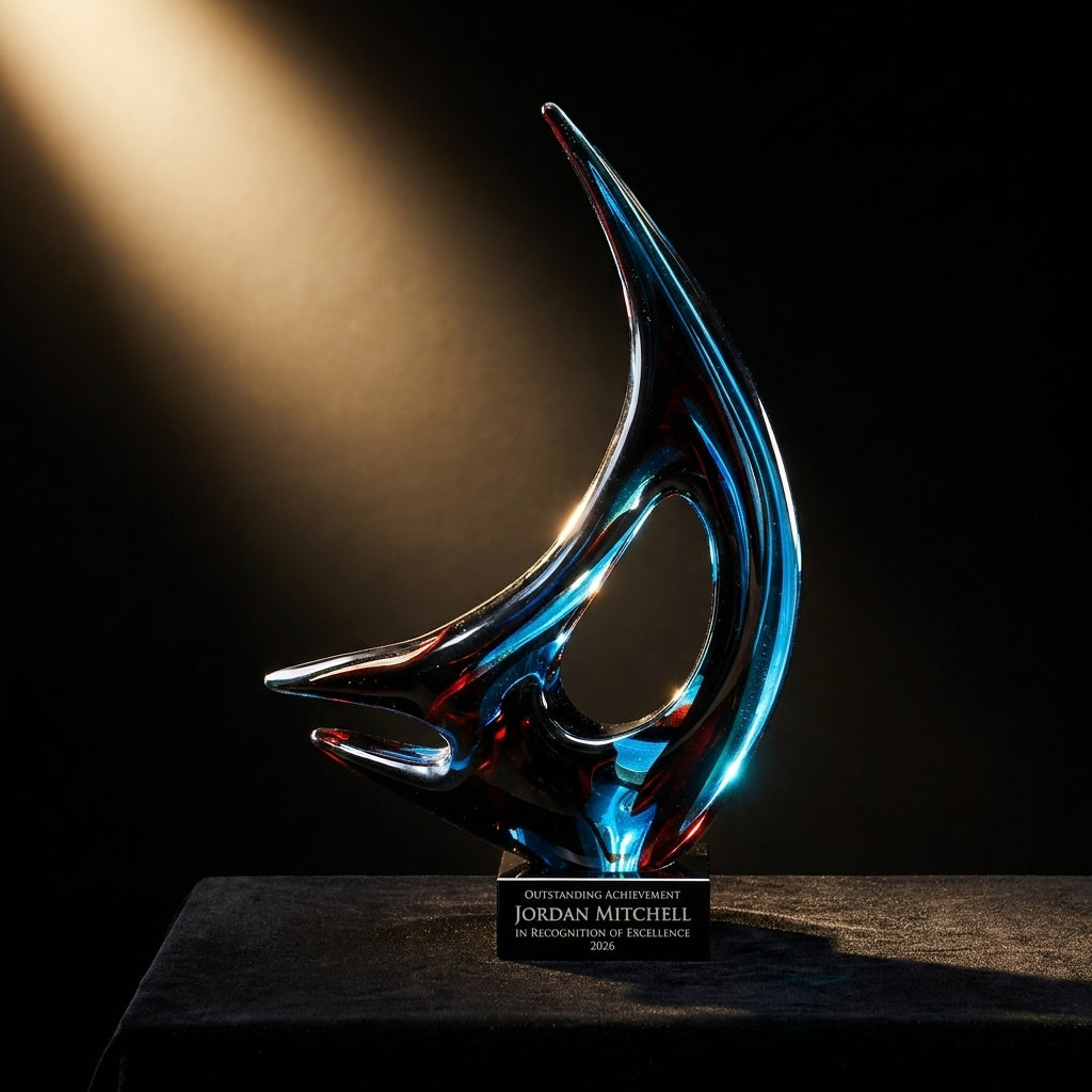 Personalized Sculpture art glass award on black velvet under awards-ceremony spotlight, engraved champion and lifetime achievement award