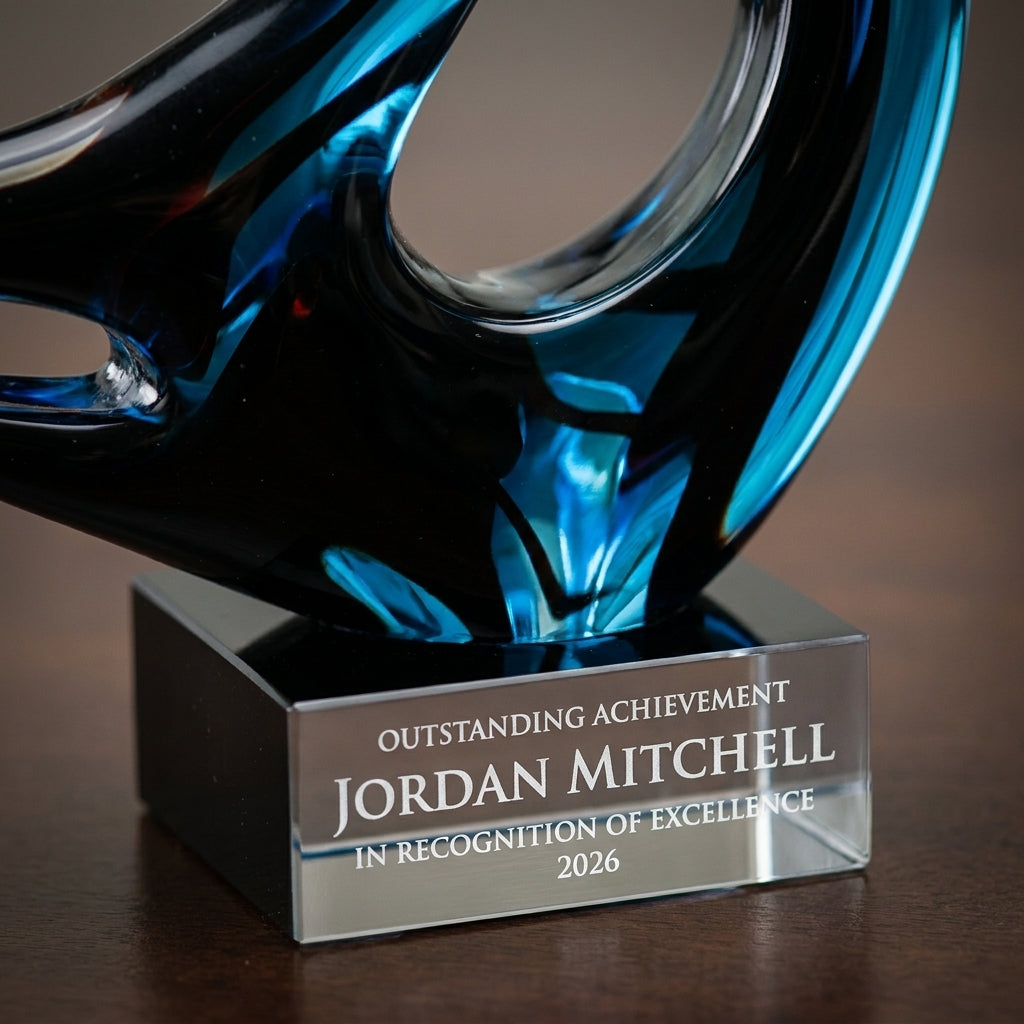 Close-up of the custom laser engraving on a personalized Sculpture art glass award, showing crisp permanent personalization