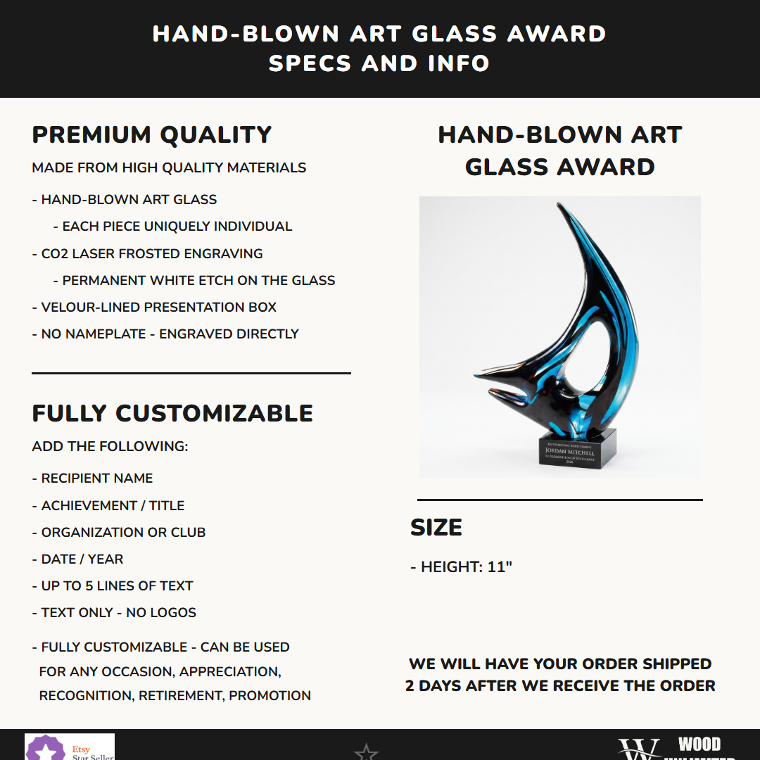 Specifications for the personalized Sculpture art glass award — materials, engraving, and features