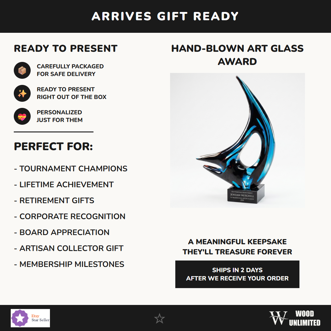 Gift-ready personalized Sculpture art glass award, perfect for ceremonies, retirements, and corporate recognition