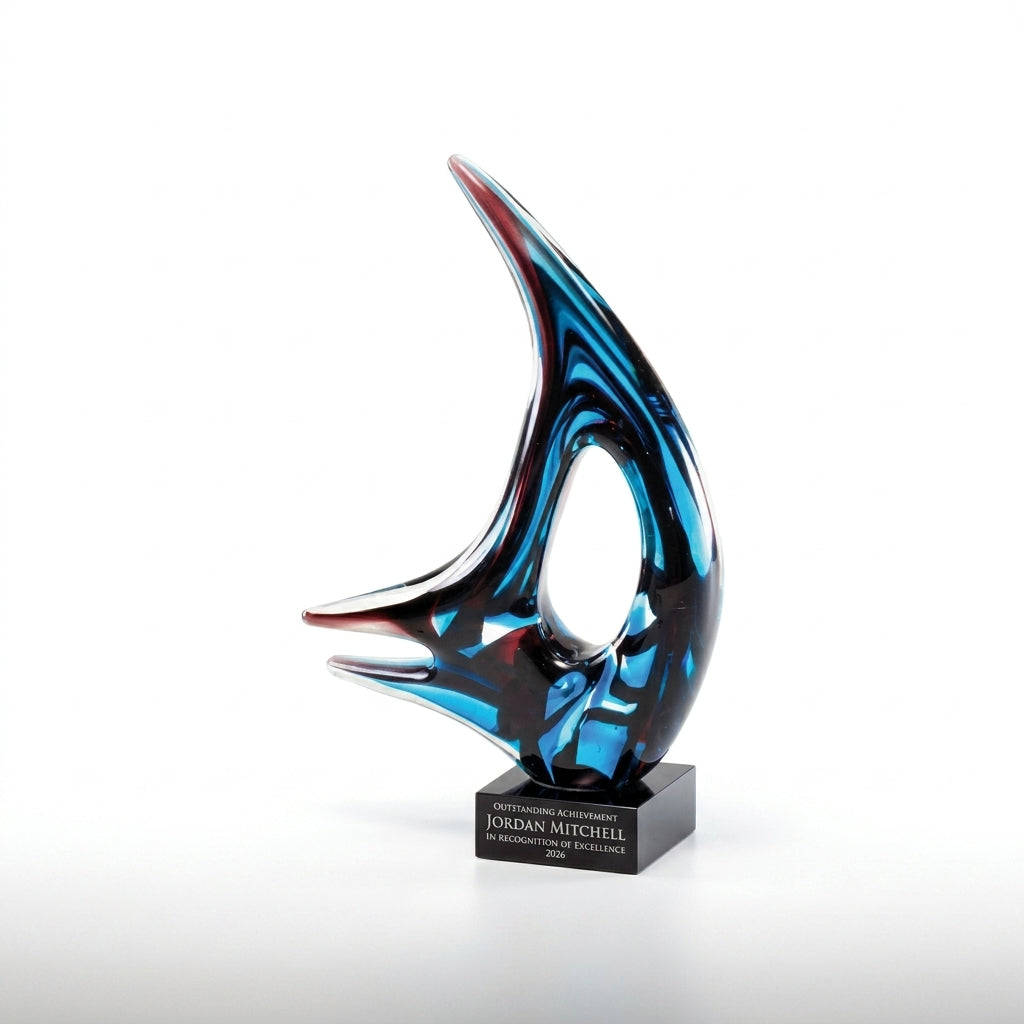 Personalized Sculpture art glass award, custom laser engraved recognition award on a clean white studio background