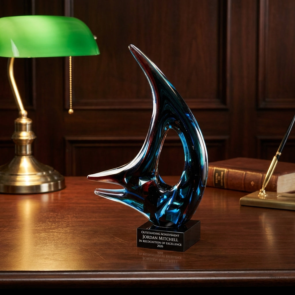 Personalized Sculpture art glass award on a warm executive desk with a green banker's lamp, engraved corporate recognition and retirement gift