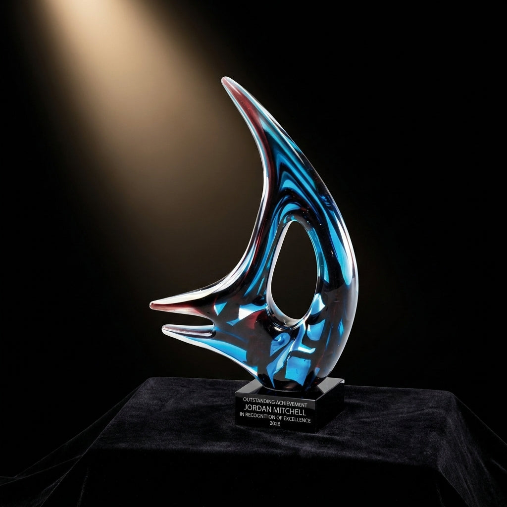 Personalized Sculpture art glass award on black velvet under awards-ceremony spotlight, engraved champion and lifetime achievement award