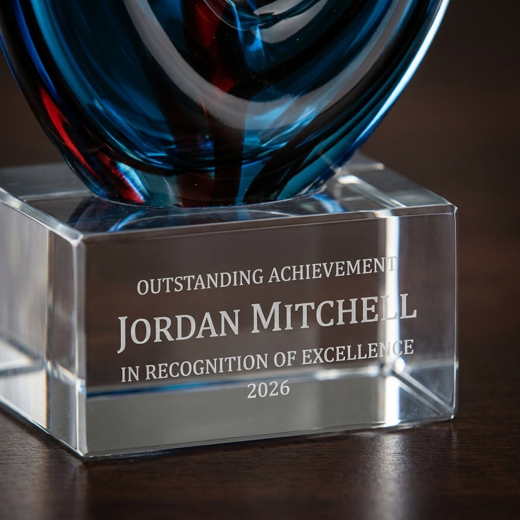 Close-up of the custom laser engraving on a personalized Sculpture art glass award, showing crisp permanent personalization