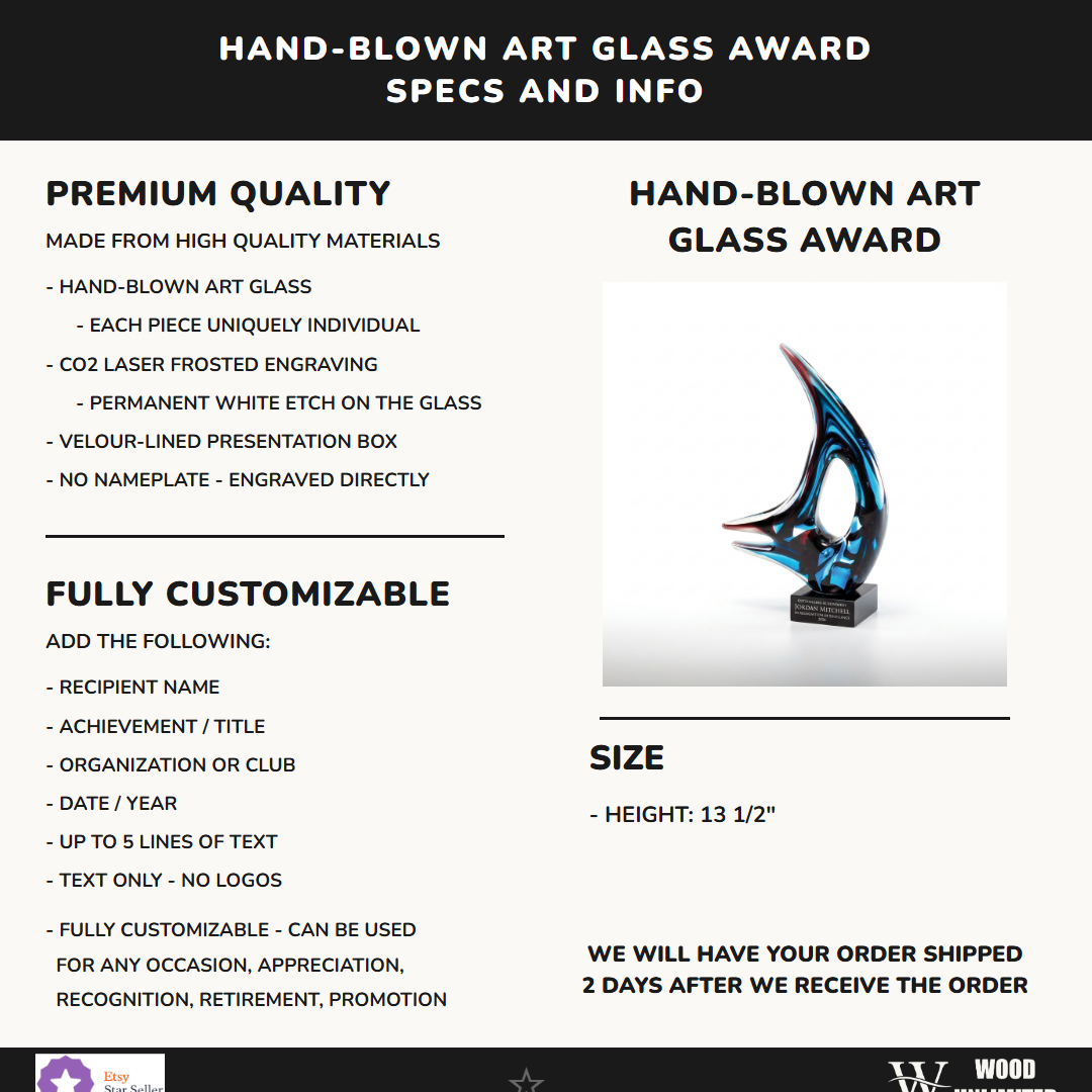 Specifications for the personalized Sculpture art glass award — materials, engraving, and features