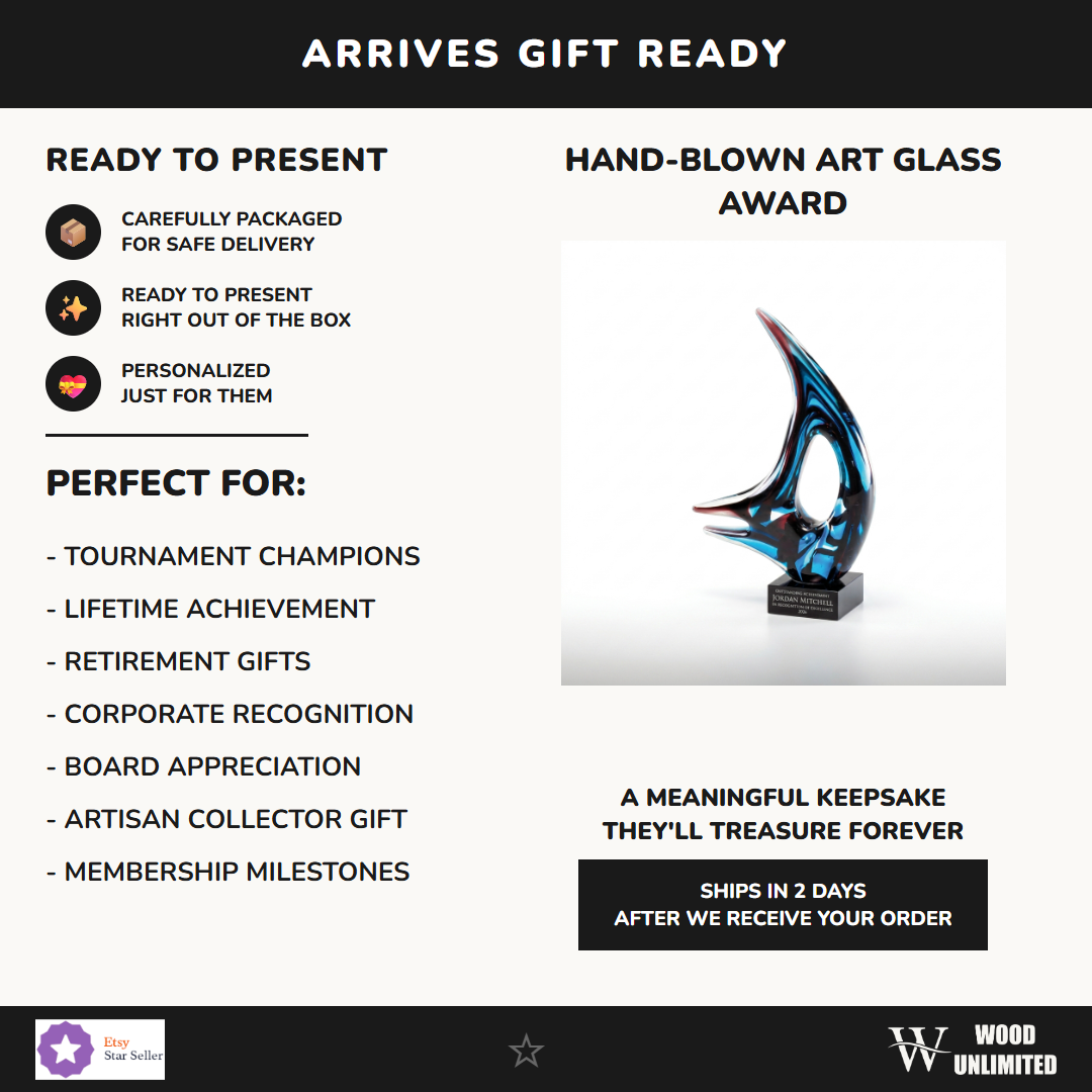 Gift-ready personalized Sculpture art glass award, perfect for ceremonies, retirements, and corporate recognition