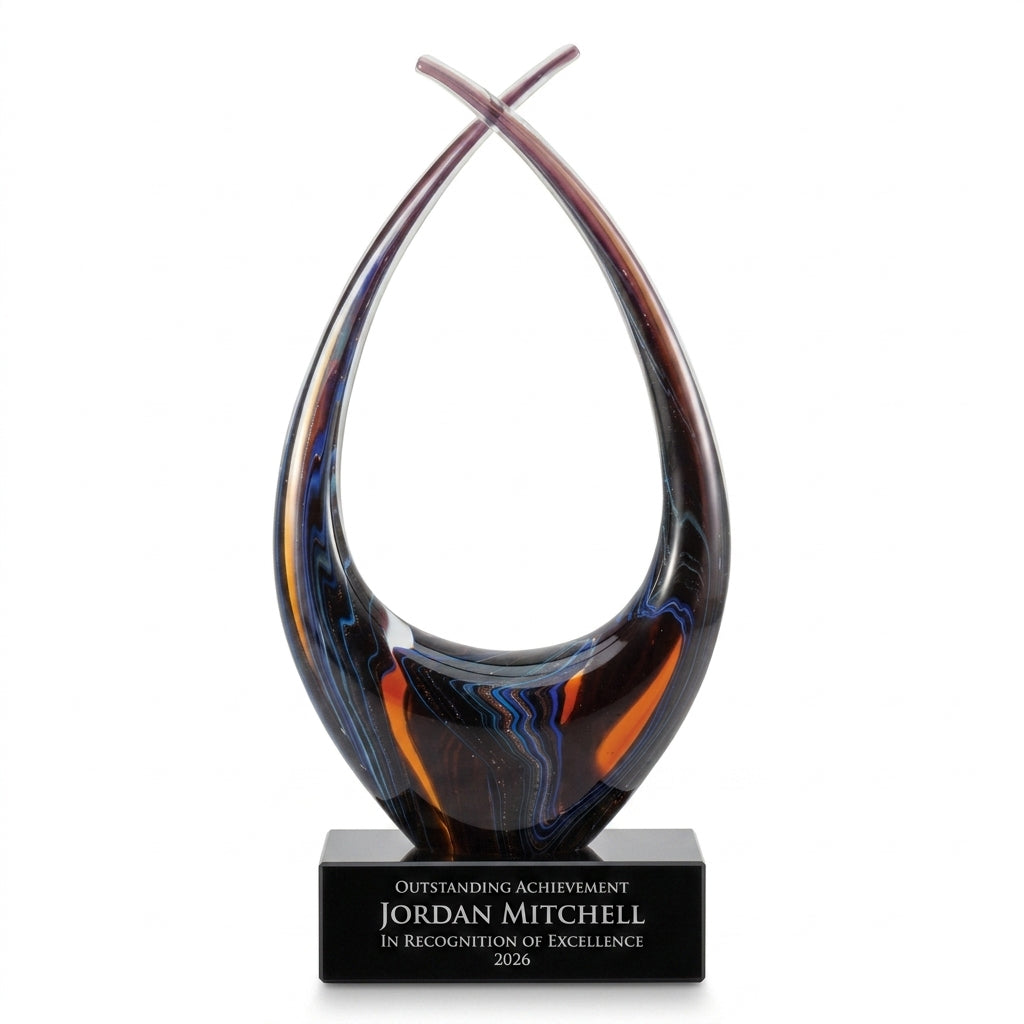 Personalized Sculpture art glass award, custom laser engraved recognition award on a clean white studio background