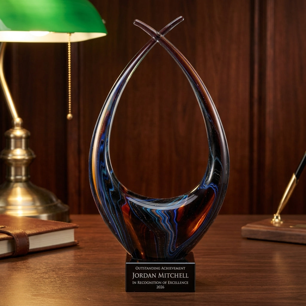 Personalized Sculpture art glass award on a warm executive desk with a green banker's lamp, engraved corporate recognition and retirement gift